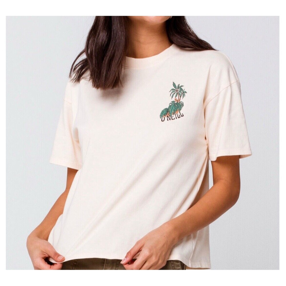 O'neill Womens Small Top Cream 100% Cotton Short Sleeve Surfer Beach